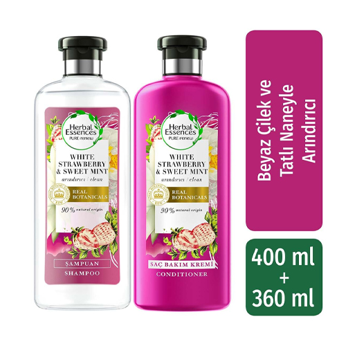 Herbal Essences Şampuan Arındırıcı Beyaz Çilek Ve Tatlı Nane 400 Ml + Saç Bakım Kremi 400 Ml