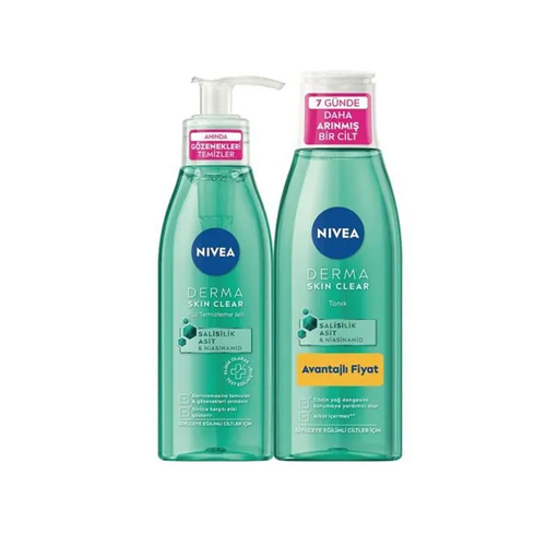 NIVEA Derma Skin Clear Yüz Temizleme Jeli 150 ml Tonik 200 Set Yüz Yıkama Seti